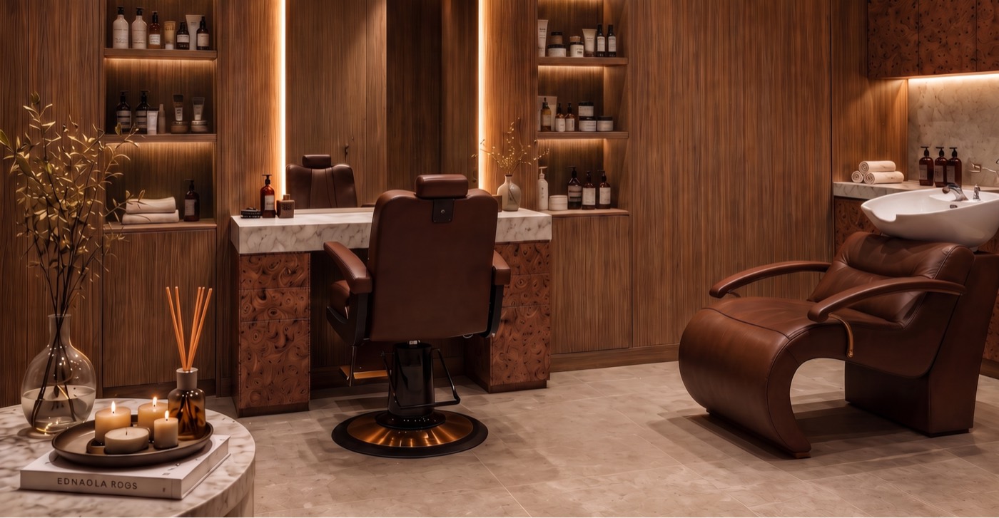 Beauty-room: кресло у зеркала с профессиональным светом, стеллажи с косметикой, тёплые деревянные панели