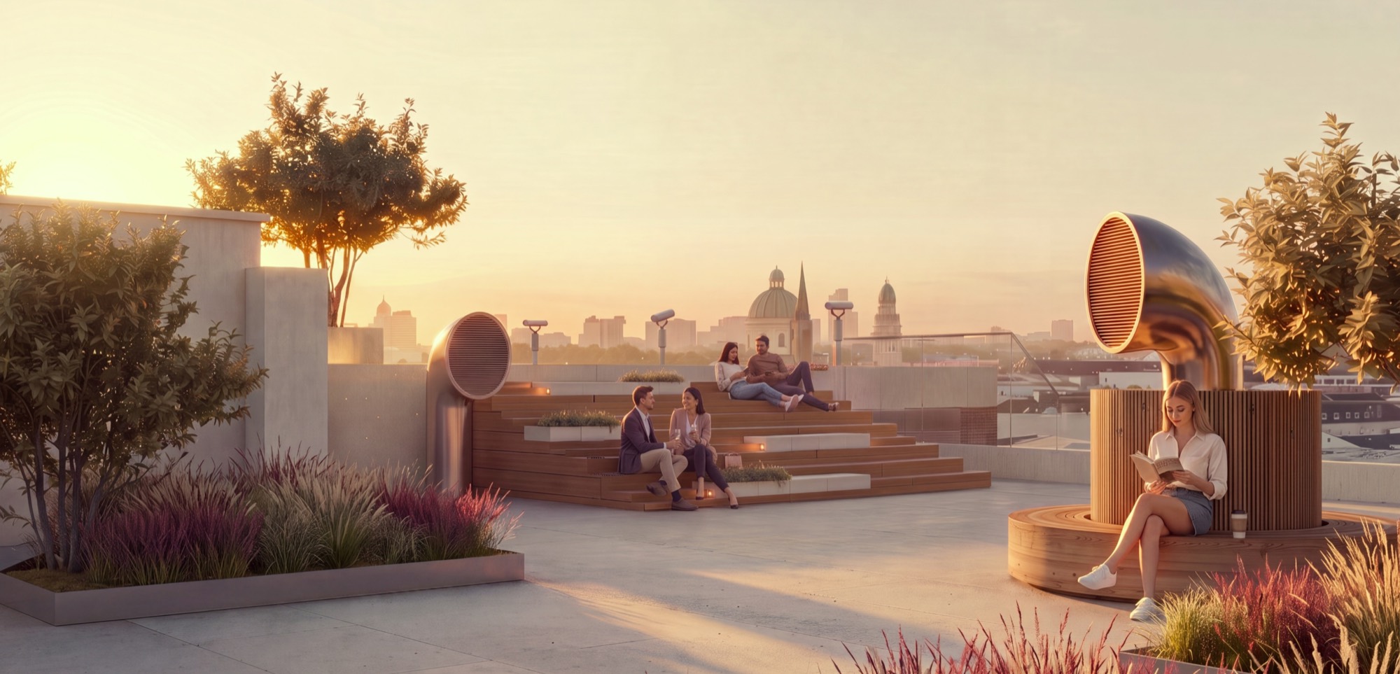 Rooftop на закате: люди на террасе с цветущими кустарниками, за парапетом — панорама города с куполами и шпилями
