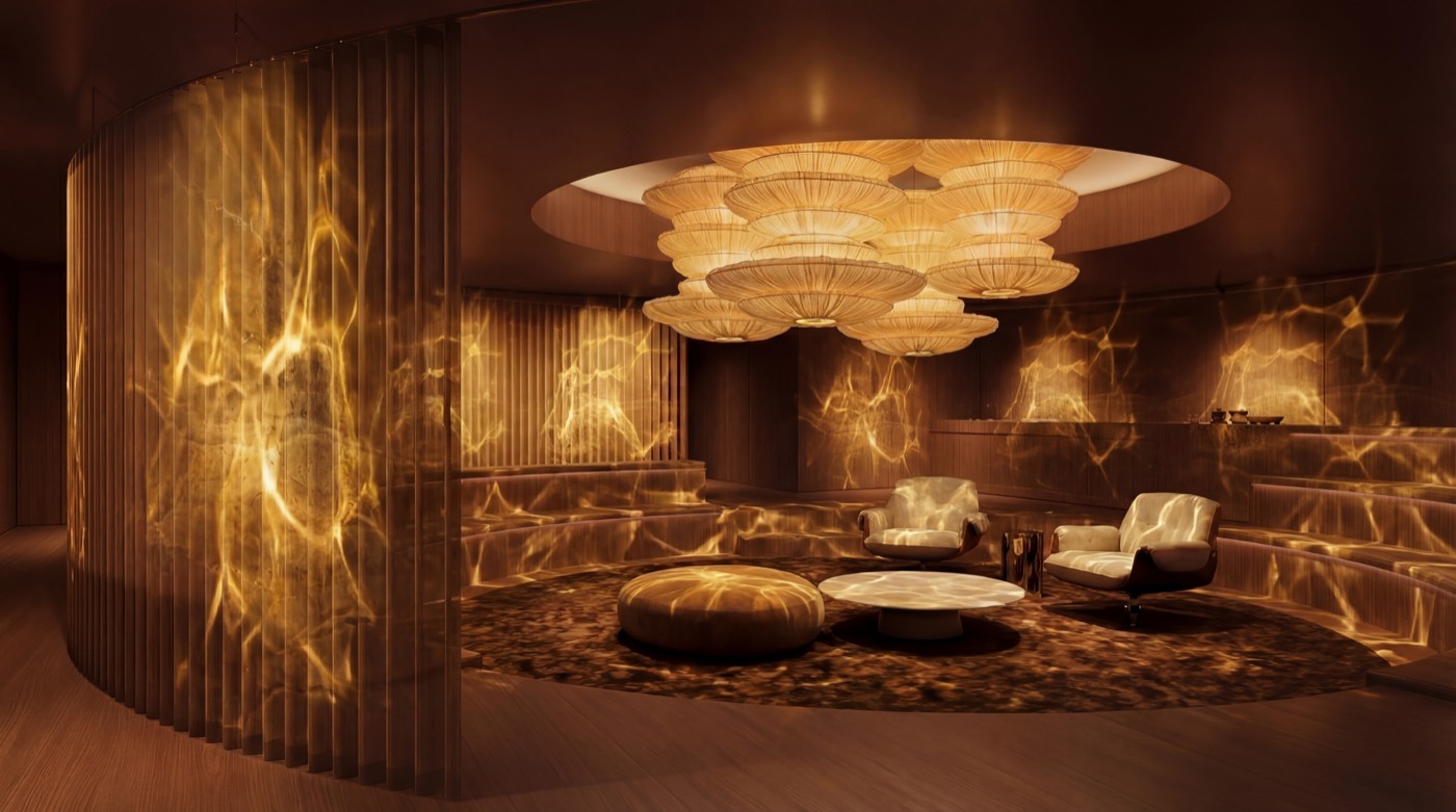 Зал spa с золотой подсветкой: подвесная светящаяся конструкция, шезлонги, тёплый приглушённый свет