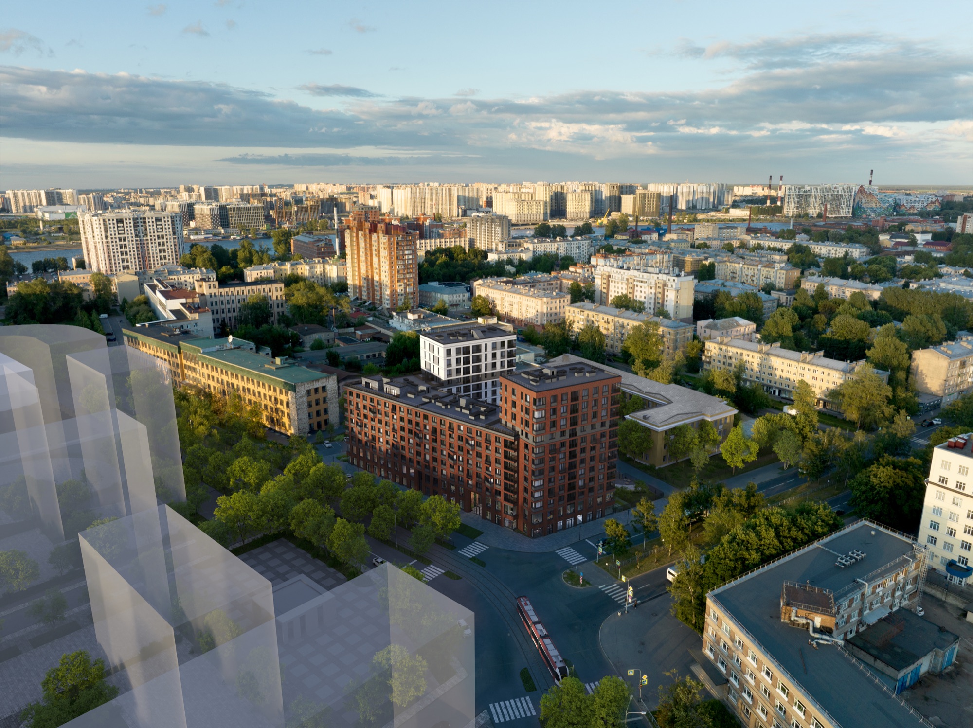 «Литера» на закате: вид на дом со стороны проспекта
