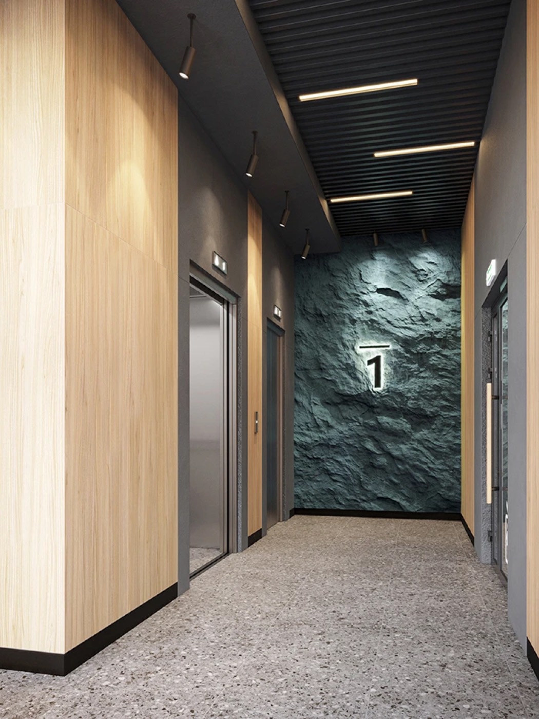 Лифтовый холл «Respect» с номером этажа и деревянной отделкой