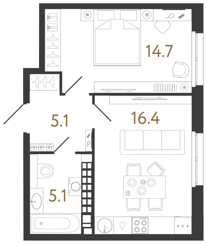 Планировка однокомнатной квартиры 41,3 м² в «Визионере»