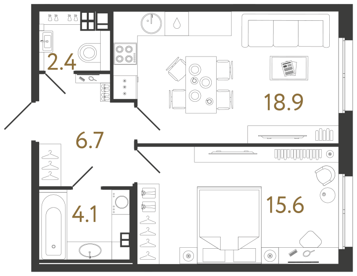 Планировка однокомнатной квартиры 47,7 м² в «Визионере»