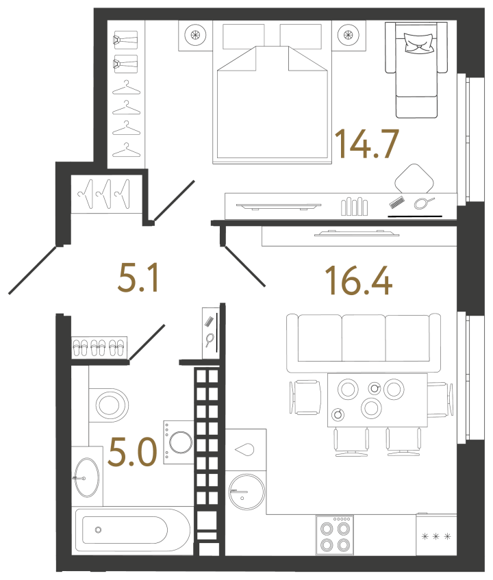 Планировка однокомнатной квартиры 41,2 м² в «Визионере»