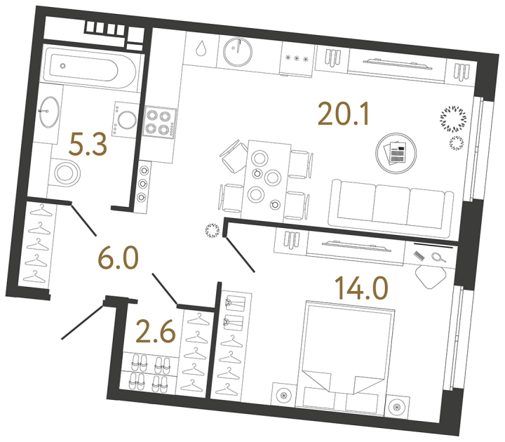 Планировка однокомнатной квартиры 48,0 м² в «Визионере»