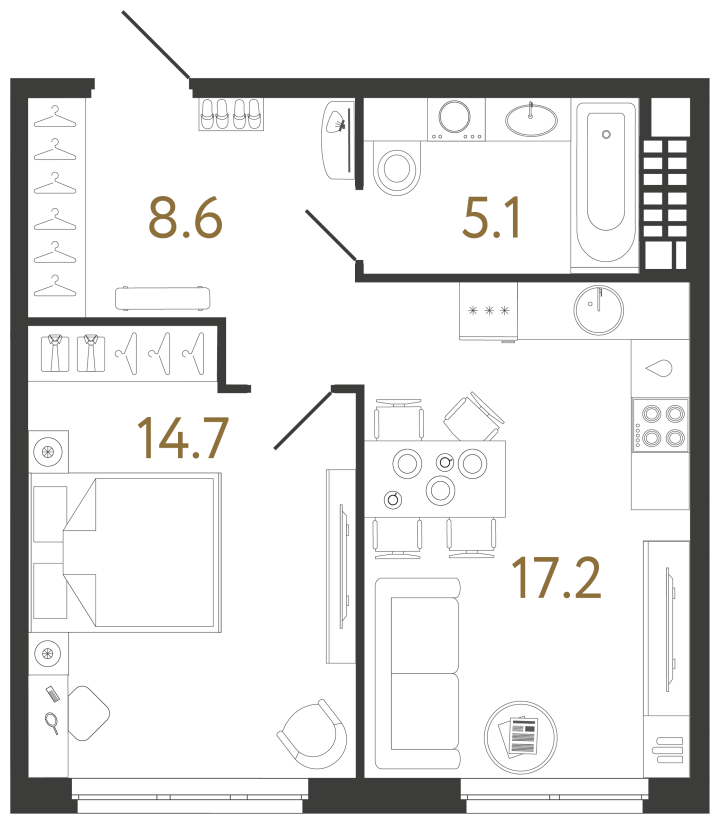 Планировка однокомнатной квартиры 45,6 м² в «Визионере»