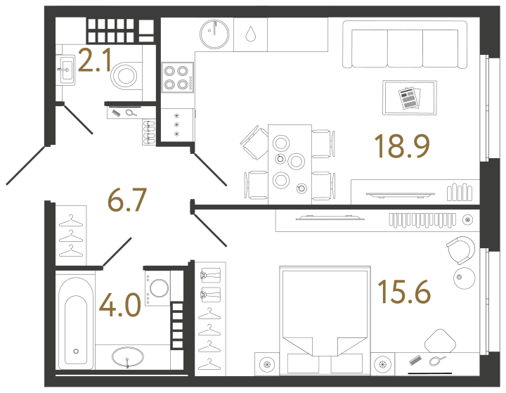 Планировка однокомнатной квартиры 47,3 м² в «Визионере»