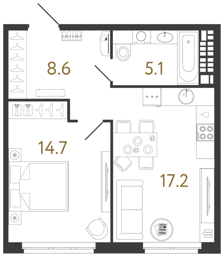 Планировка однокомнатной квартиры 45,6 м² в «Визионере»