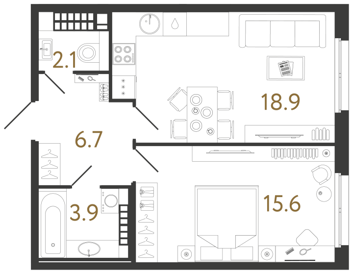 Планировка однокомнатной квартиры 47,2 м² в «Визионере»