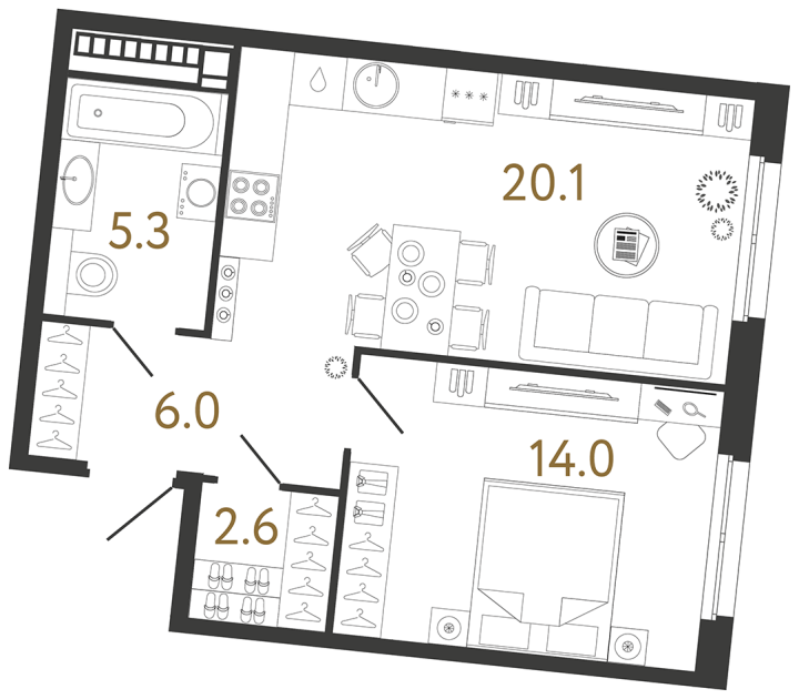 Планировка однокомнатной квартиры 48,0 м² в «Визионере»