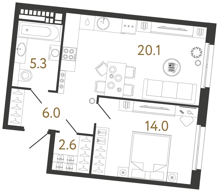 Планировка однокомнатной квартиры 48,0 м² в «Визионере»